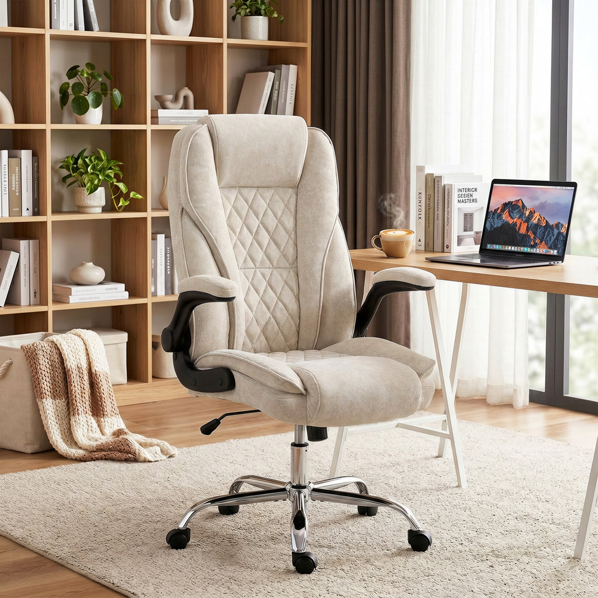 Fauteuil de bureau, chaise bureau ergonomique, hauteur réglable, accoudoirs relevables, 70 x 70 x 114-122 cm, beige