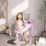 Coiffeuse pour enfant avec tabouret et miroir, table de maquillage avec tiroir et 2 compartiments, 55x36x86cm, rose