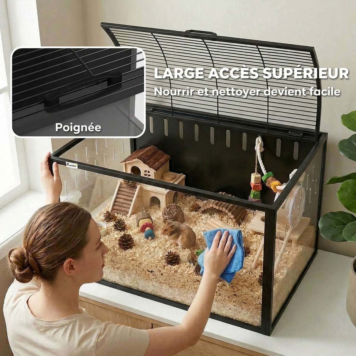 Jaula gigante para hámster, hábitat para roedores de acero y acrílico transparente con vista panorámica, 81 x 51 x 53 cm, negro