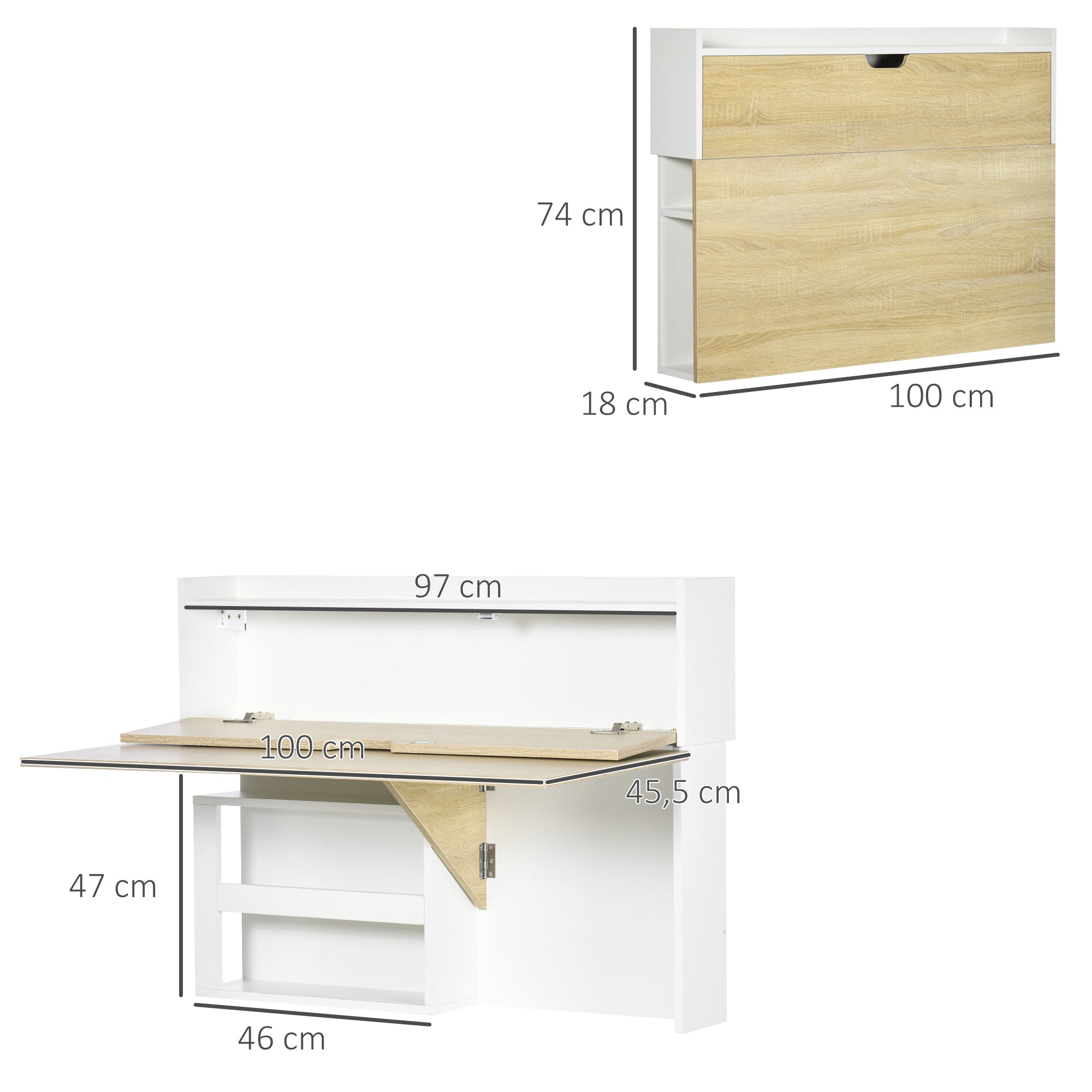 Bureau pliable mural avec étagères de rangement et placard, bureau rabattable, 100 x 18 x 74 cm effet bois naturel