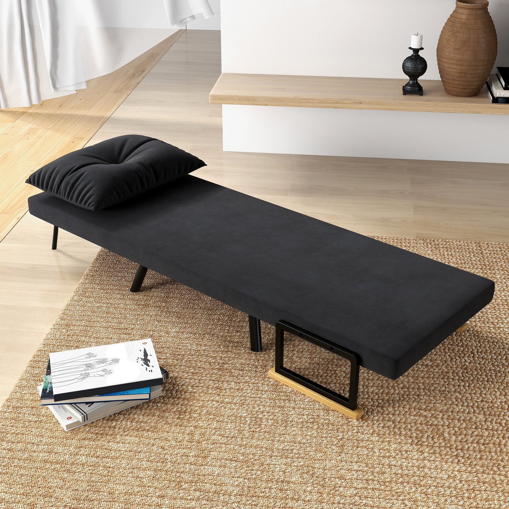 Fauteuil convertible 4 en 1 lit 1 place dossier 5 positions, accoudoirs en bois et coussin, tissu effet velours, noir