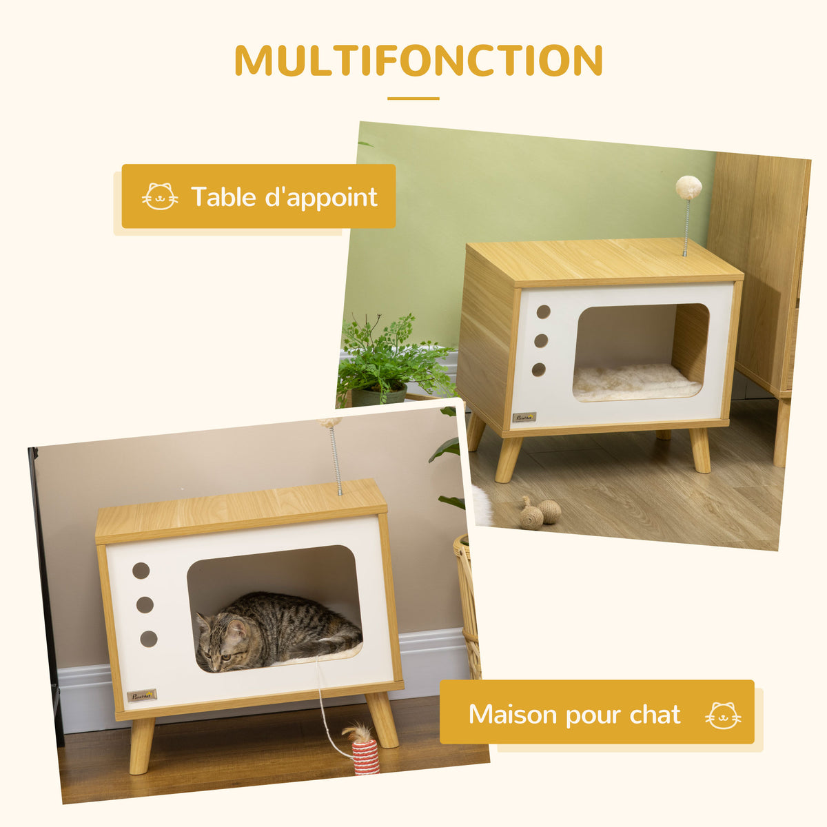 Maison niche pour chat forme de tv avec coussin douillet et balle rebondissante - 50 x 28 x 43 cm
