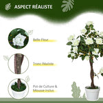 Arbre à Roses Artificiel 90 cm en Plastique, 21 Fleurs, 350 Feuilles en Tissu, Pot, Facile à Entretenir, Blanc