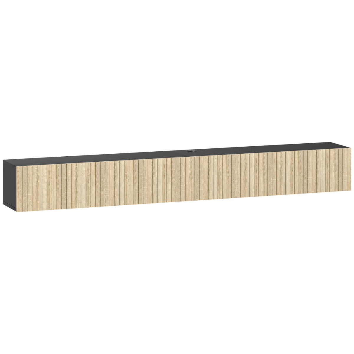 Meuble TV suspendu 140cm, meuble télé pour téléviseur 72 pouces, 2 portes rabattables, 140x25x22cm, bois naturel et noir