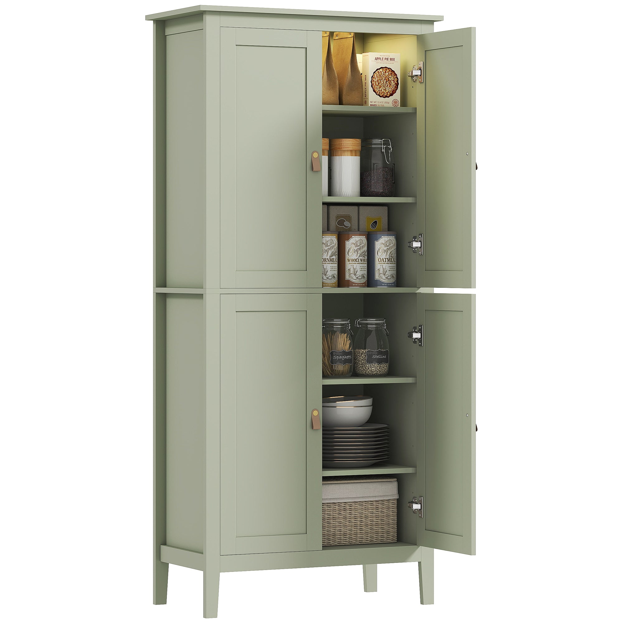 Alacena de cocina, mueble alto de almacenamiento con LED regulable y sensor de movimiento, 80 x 40 x 176,5 cm, verde