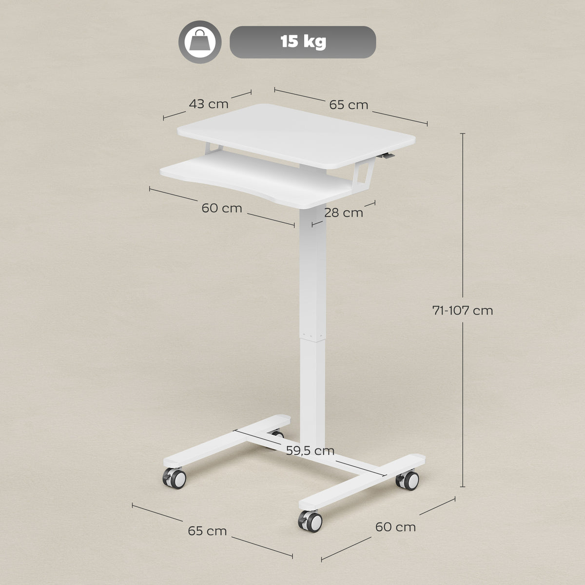 Bureau Assis-Debout Réglable en Hauteur, Bureau Mobile avec Plateau pour Clavier, Roulettes et Cadre en Acier, Blanc
