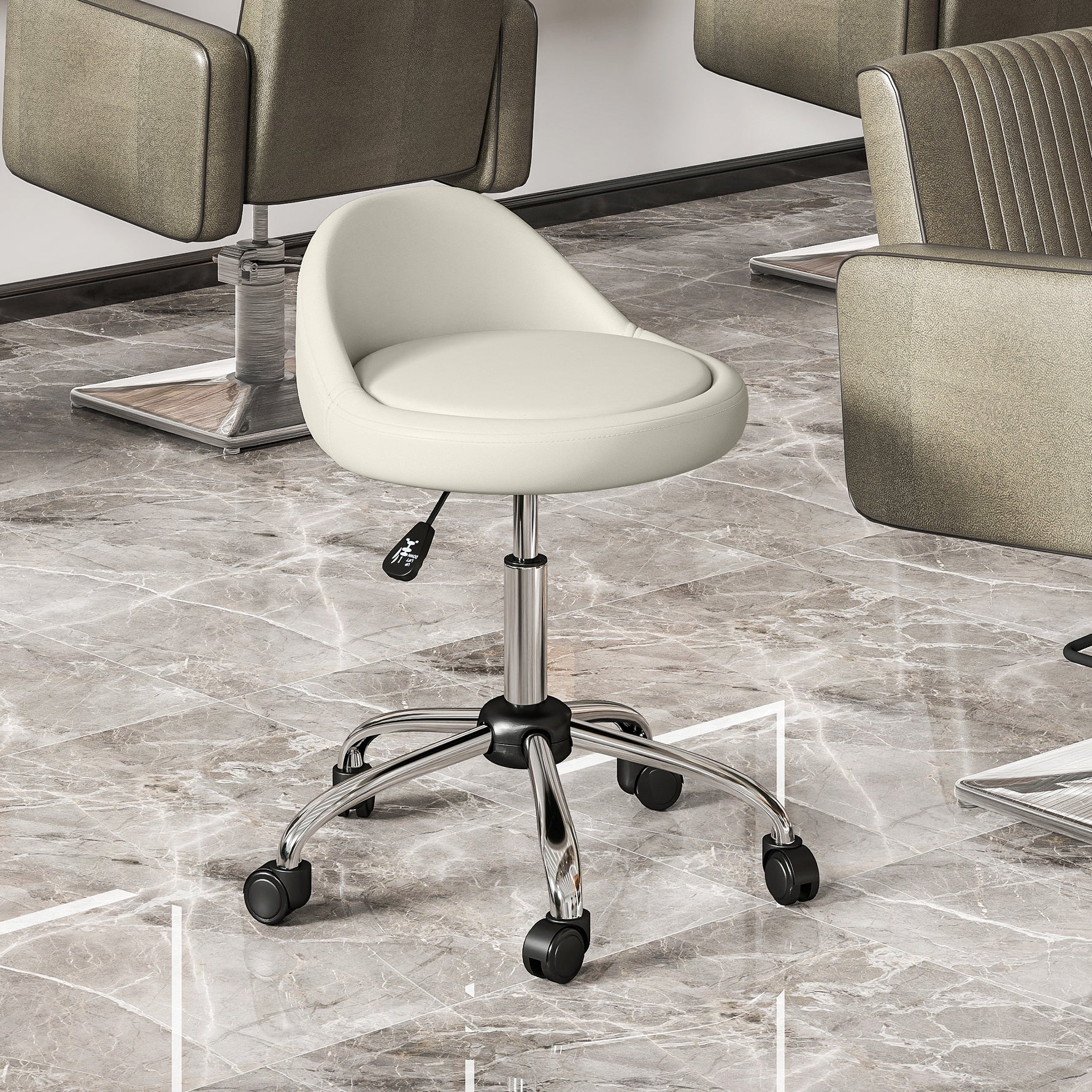 Tabouret à roulettes tabouret de travail pivotant 360° hauteur réglable 53-73 cm revêtement synthétique blanc