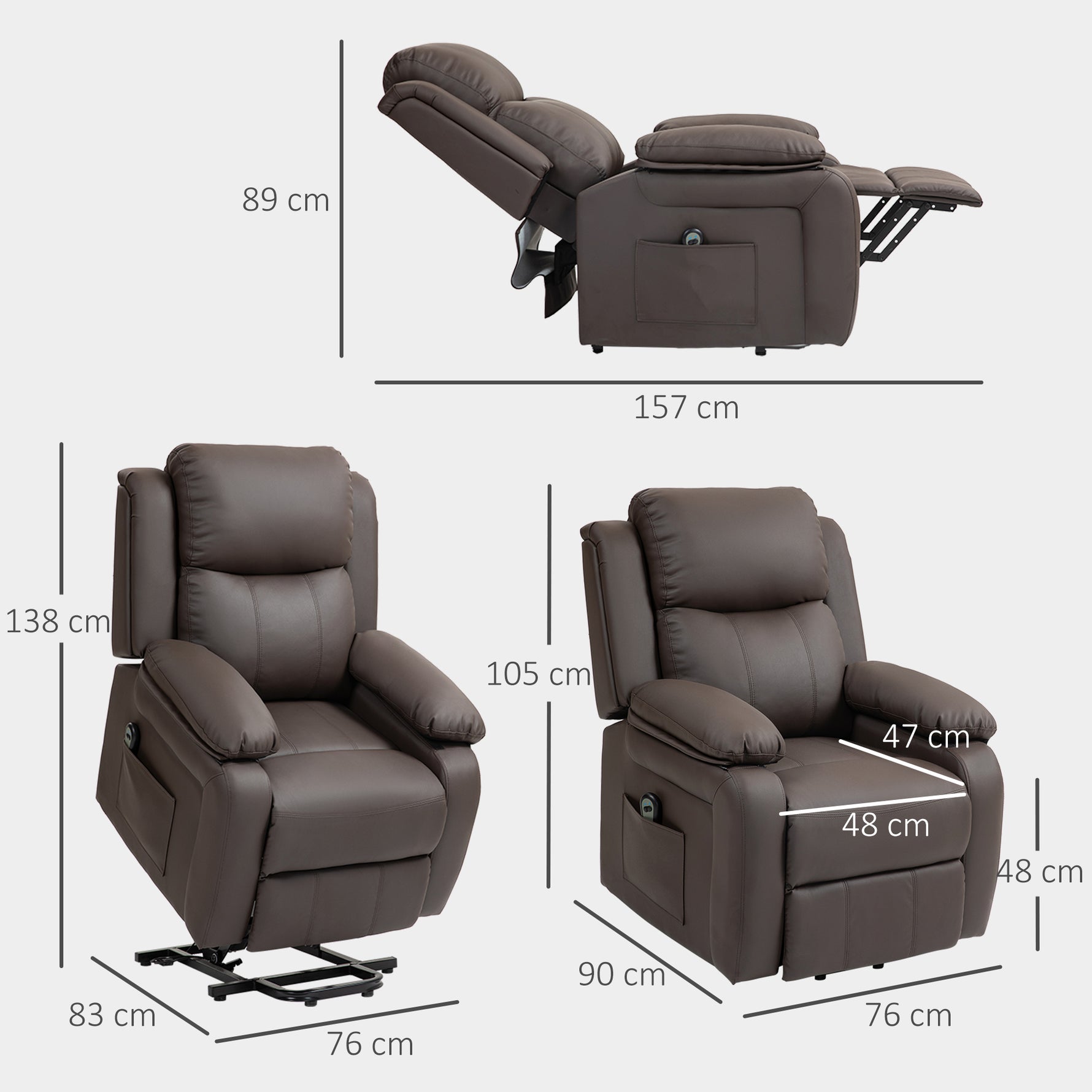 Fauteuil releveur électrique fauteuil relax électrique avec repose-pied télécommande et 2 pochettes 76x90x105cm marron