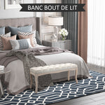 Banc Banquette capitonnée Style Classique 110 cm Bout de lit Rembourrée en lin piètement Bois hévéa sculpté Beige