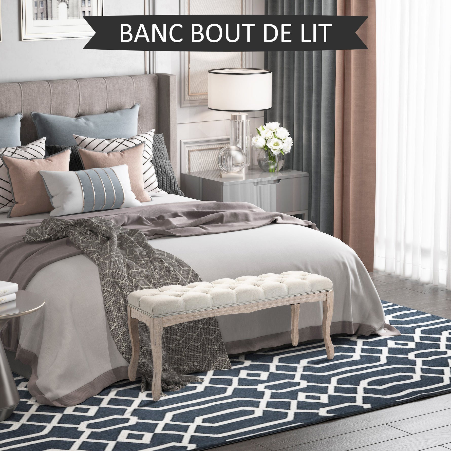 Banc Banquette capitonnée Style Classique 110 cm Bout de lit Rembourrée en lin piètement Bois hévéa sculpté Beige