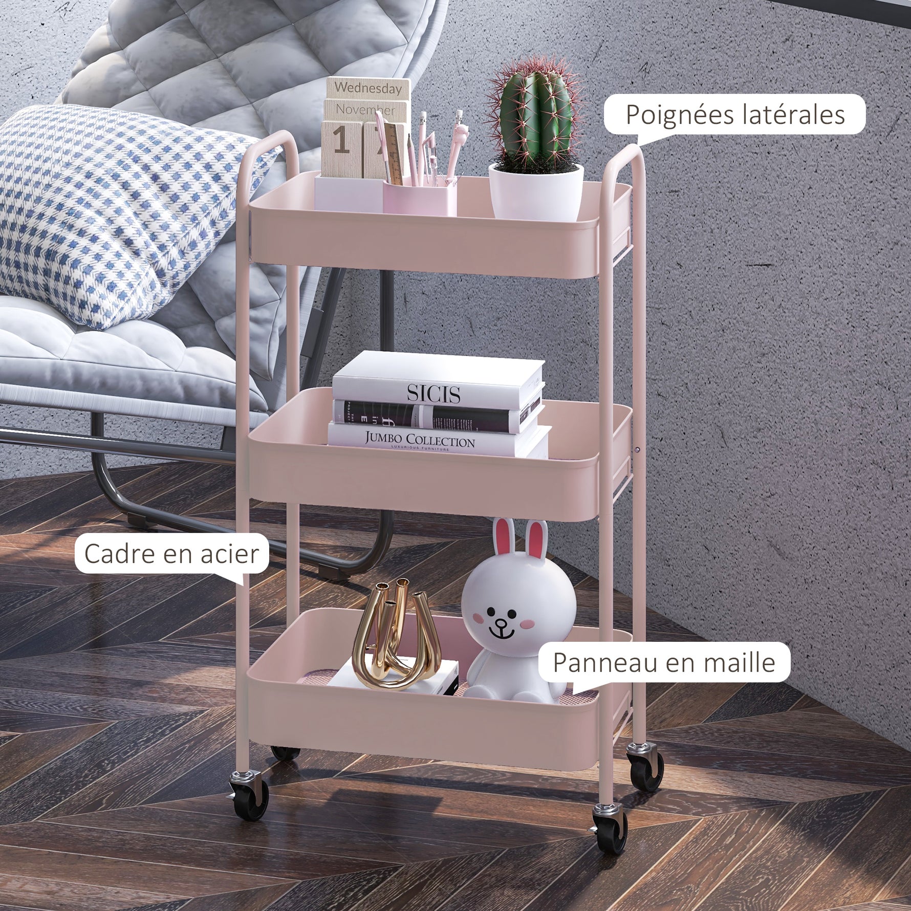 Desserte chariot de rangement en acier chariot de service à roulettes 3 plateaux ajourés 45 x 30,6 x 79 cm rose