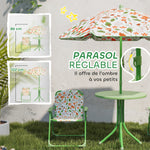 Ensemble salon de jardin extérieur enfant 4 pièces, motif éléphant et girafe, parasol réglable Ø 100 cm, chaise pliable