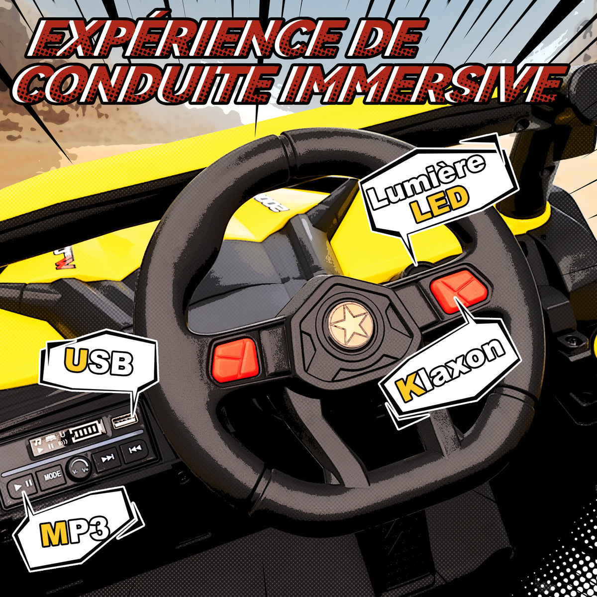 Voiture électrique enfants UTV 12 V, buggy électrique enfants avec télécommande, 96 x 61 x 56 cm, jaune