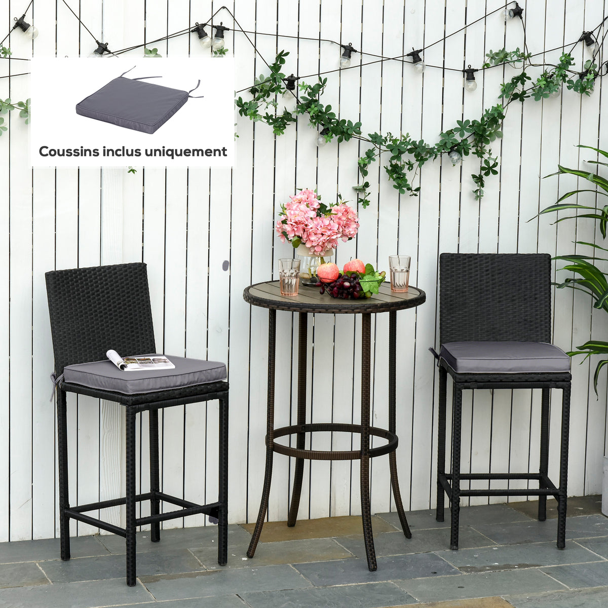 Lot de 2 Coussins de chaise de jardin Coussin chaise extérieur Coussins d'assise déhoussables Rembourrage 5 cm Tissu Polyester dim. 45L x 45l cm Gris foncé