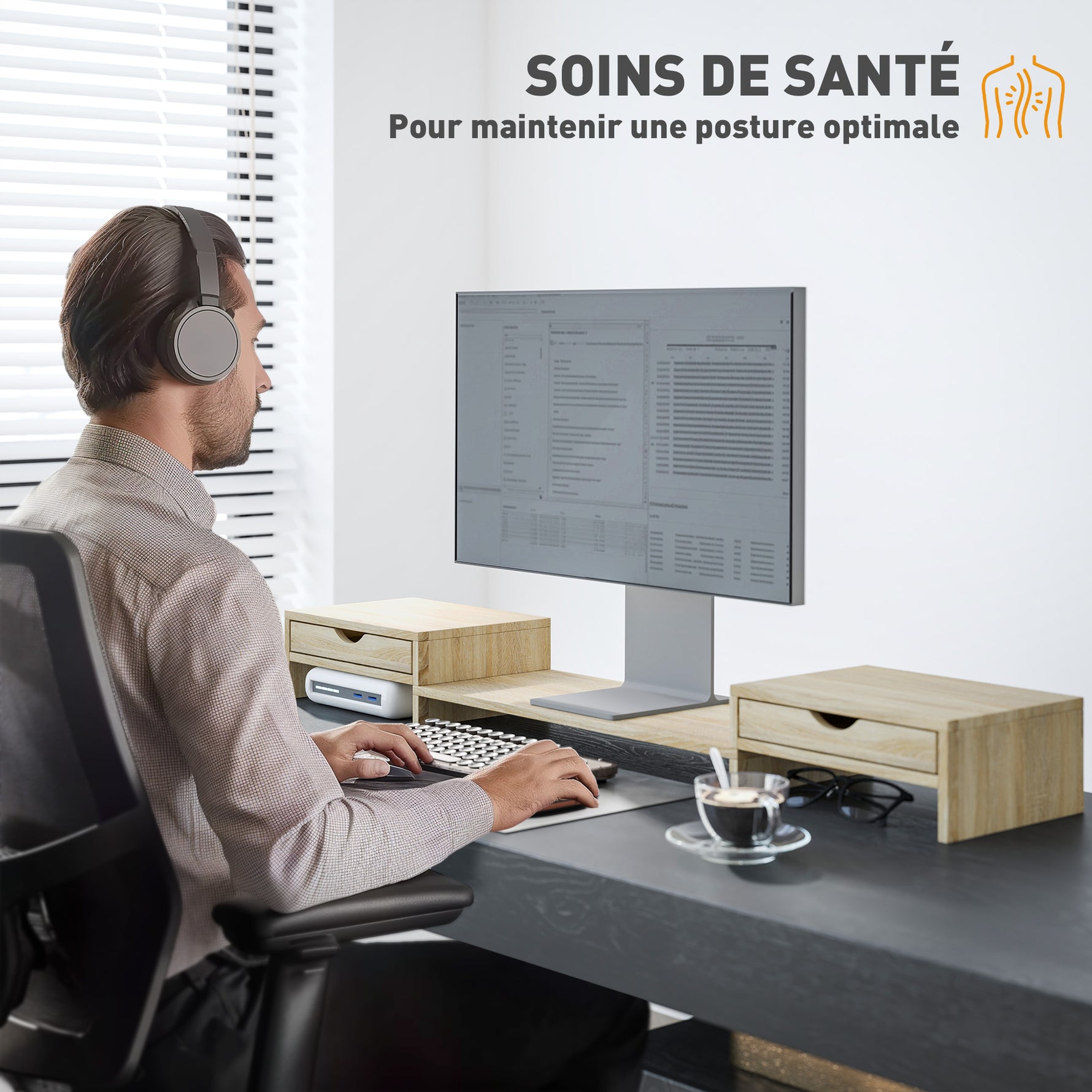 Rehausseur écran PC bureau support d'écran d'ordinateur de 60-116 cm avec 2 tiroirs, longueur et angle réglables