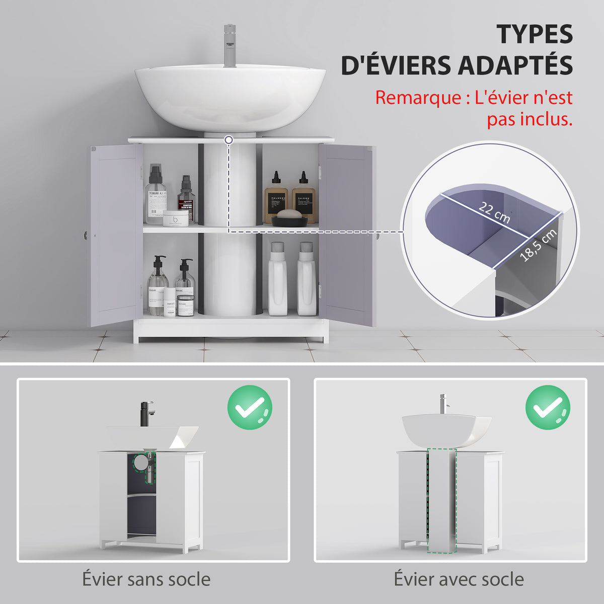 Meuble salle de bain sous lavabo - meuble sous-vasque - placard 2 portes avec étagère - dim. 60L x 30l x 60H cm - en bois gris blanc