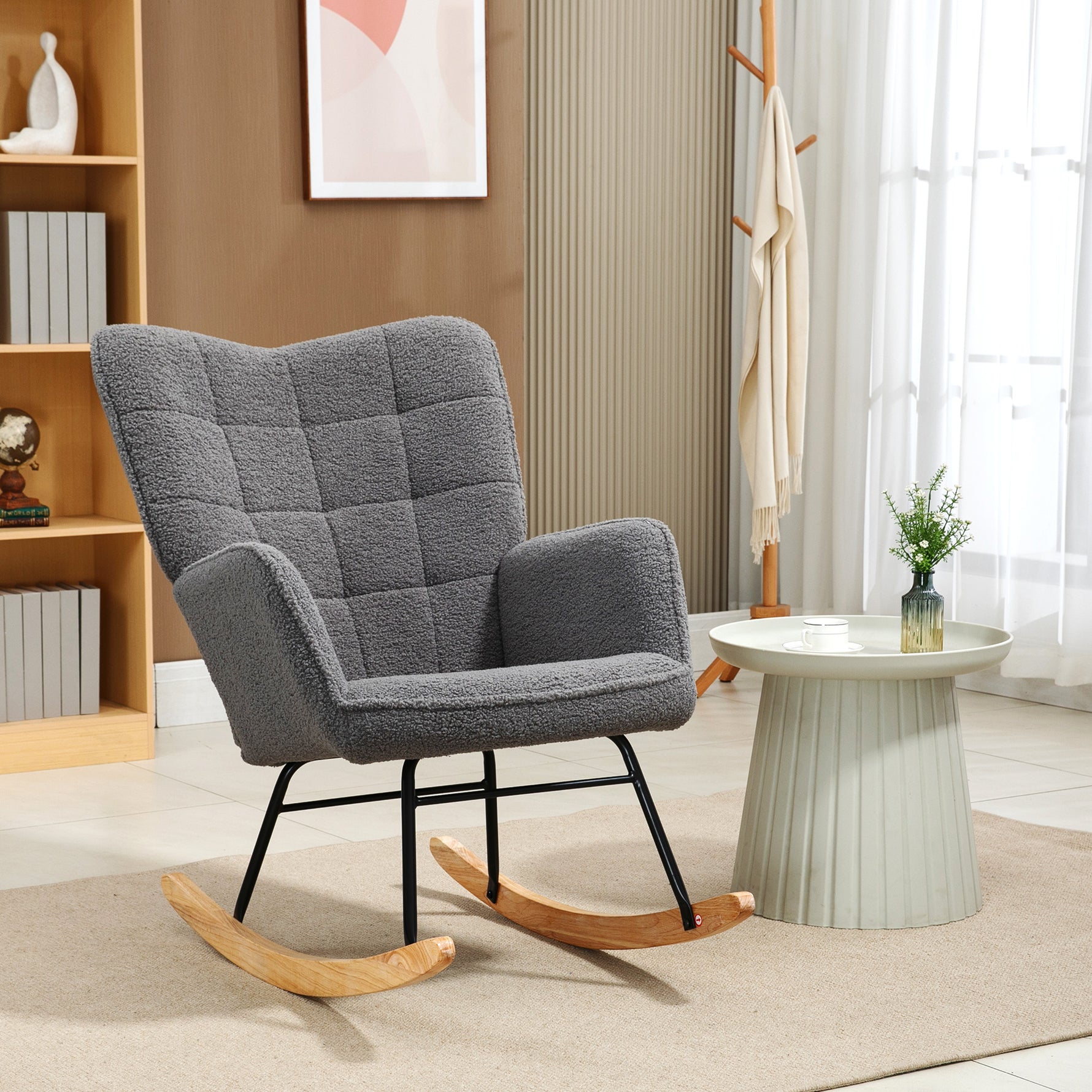 Fauteuil à bascule rocking chair revêtement effet laine bouclée, structure en acier 71 x 98 x 101 cm Gris foncé
