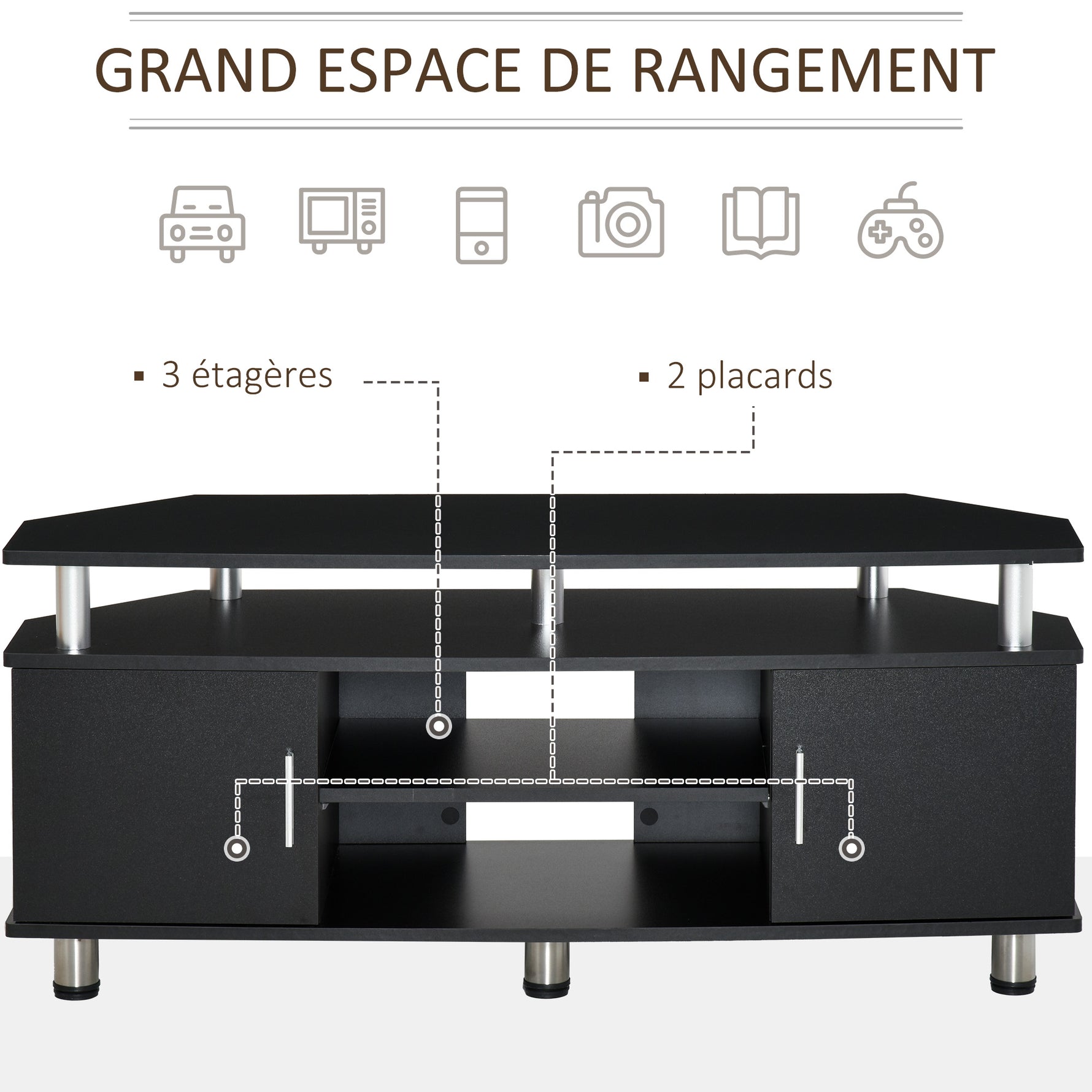 Meuble TV meuble télé bois banc TV pour téléviseur jusqu'à 55 pouces avec grand plateau, placards à portes et