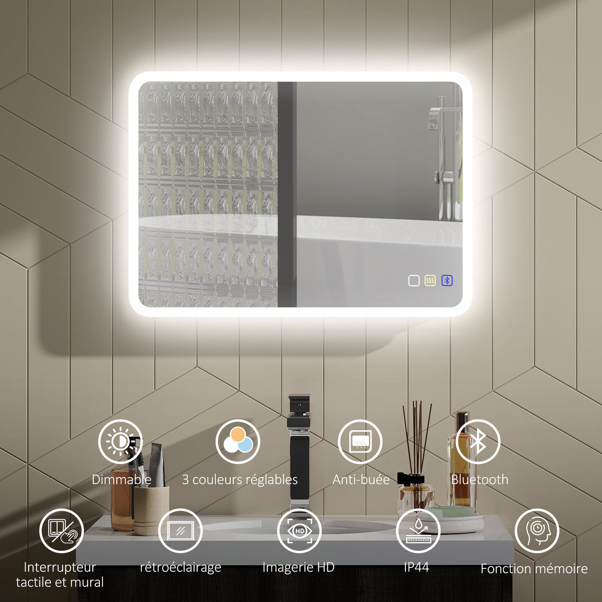 Miroir salle de bain LED bluetooth 50 x 70 cm interrupteur tactile lumière réglable 3 couleurs anti-buée mémoire argent