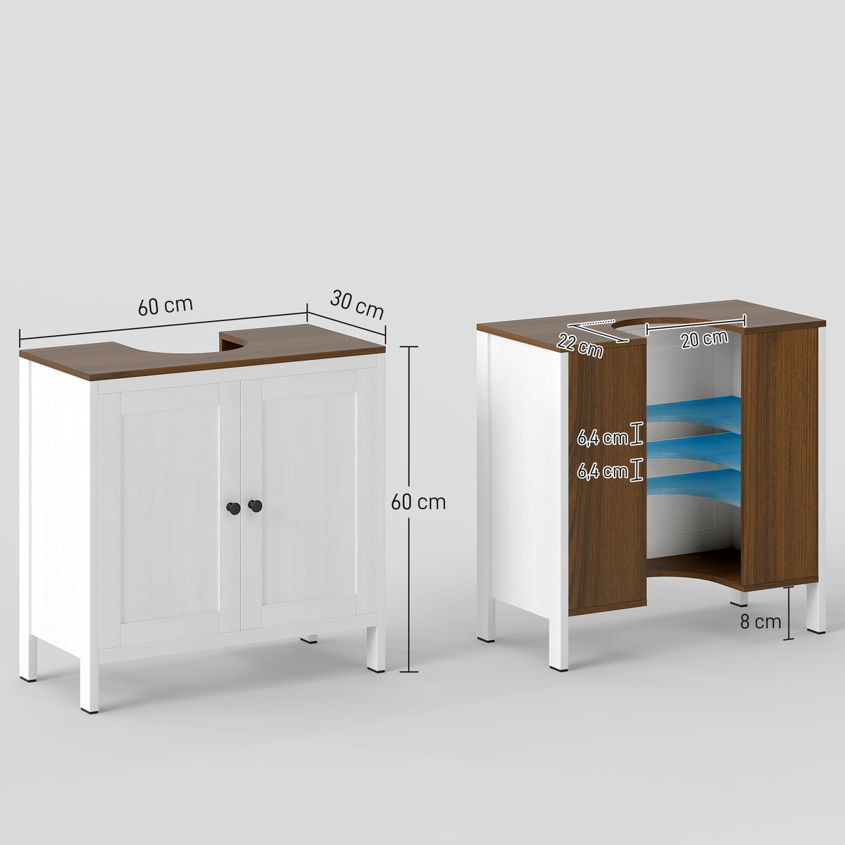 Wastafelonderkast badkamermeubel met 2 deuren en legplank 60 x 30 x 60 cm wit en houtlook