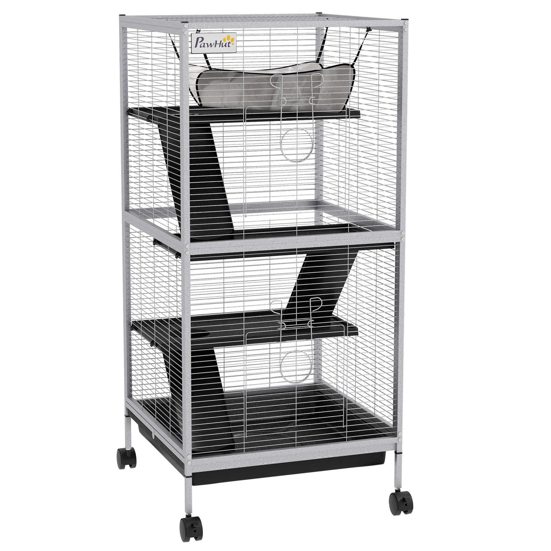 Cage pour Petits Animaux Portable à 4 Niveaux avec Roulettes, 2 Portes, 3 Rampes, Hamac et Plateau Amovible