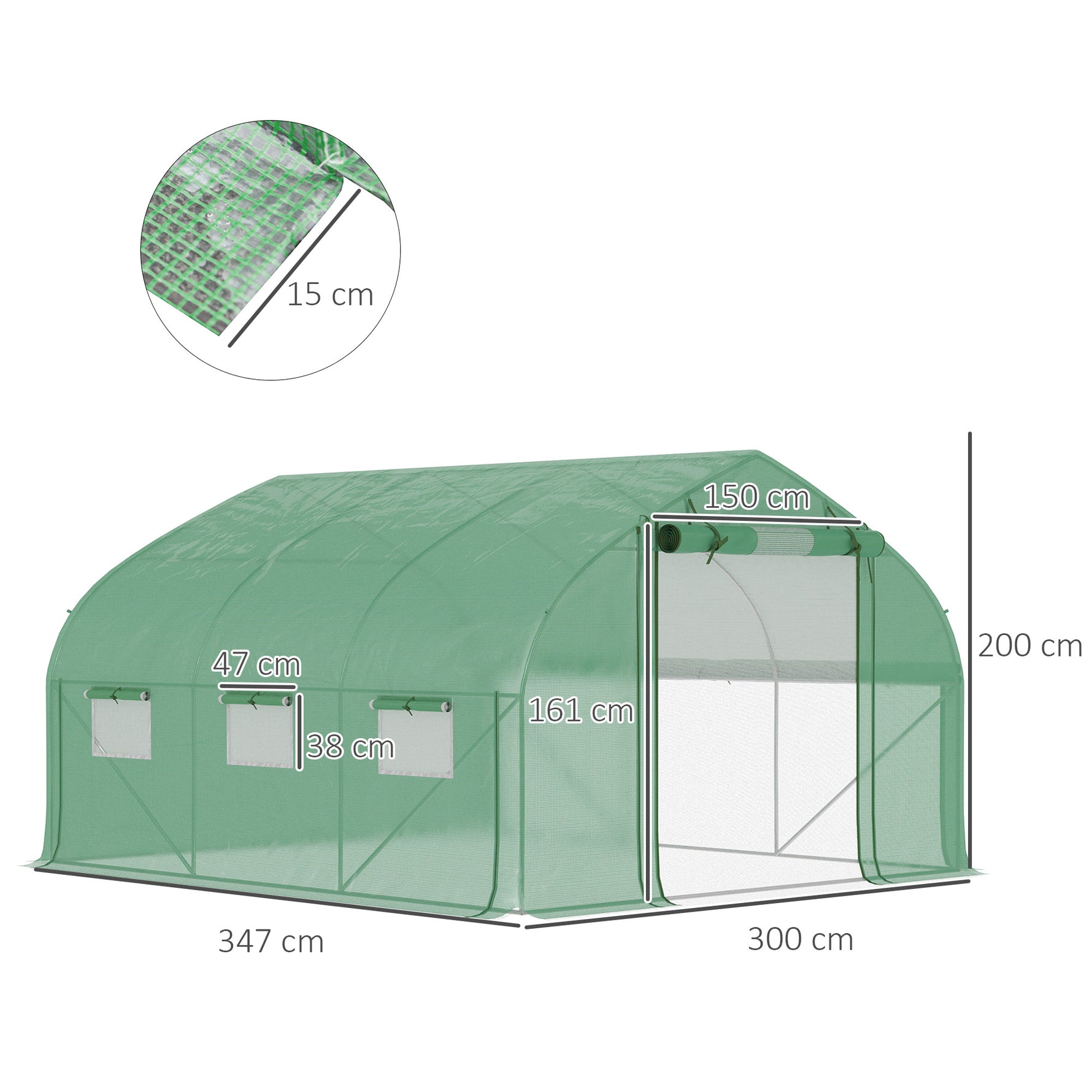 Serre de jardin tunnel 10,4 m² serre de jardin anti-UV porte zippée enroulable fenêtres maille 350 x 300 x 200 cm vert
