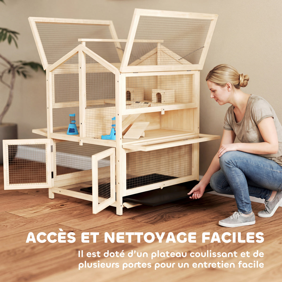 Cage Hamster 3 Étages en Bois avec Bac Amovible, Couvercle Ouvrant, Bascule, Cabane, Fenêtre, 68x61,5x90cm, Naturel