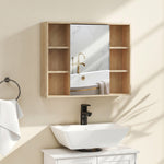 Meuble salle de bain avec miroir, placard à portes et 6 compartiments ouverts, 60 x 14,5 x 49,4 cm, bois naturel