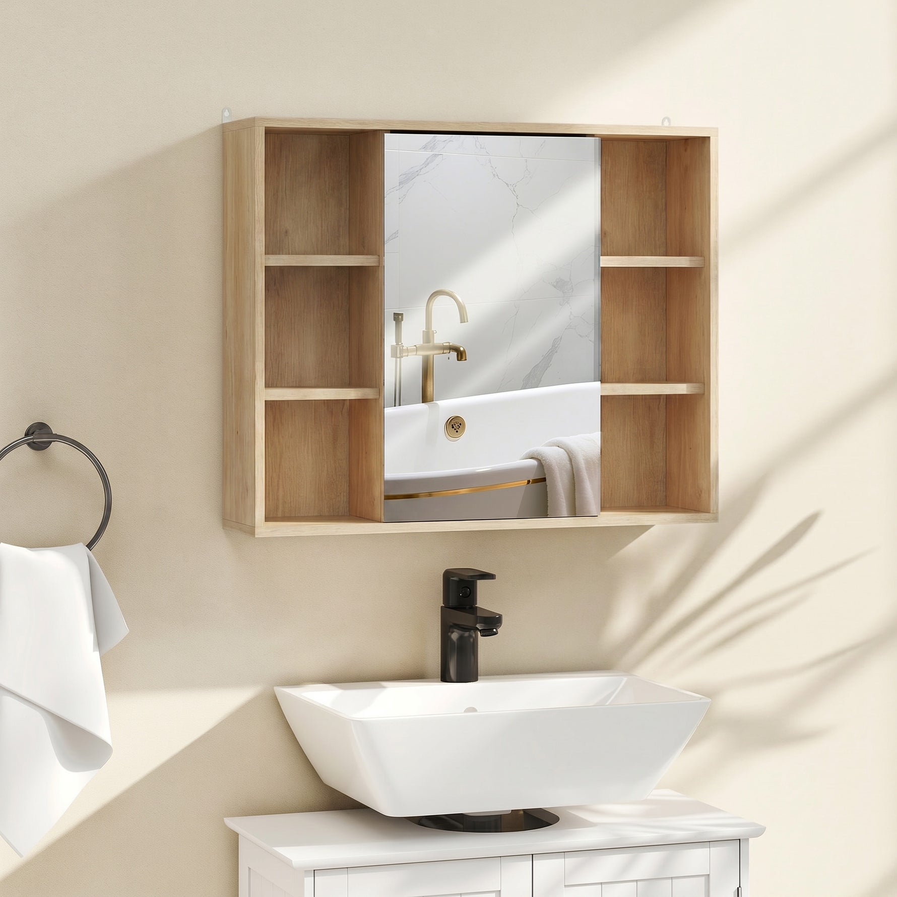 Meuble salle de bain avec miroir, placard à portes et 6 compartiments ouverts, 60 x 14,5 x 49,4 cm, bois naturel