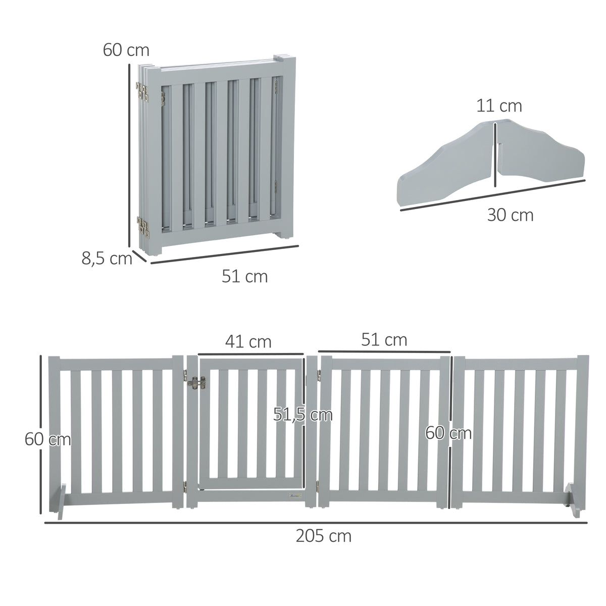 Barrière de Sécurité Chien Pliable Double Face en Bois, 4 Panneaux avec Porte, Pieds de Support, 205 x 60 cm, Gris