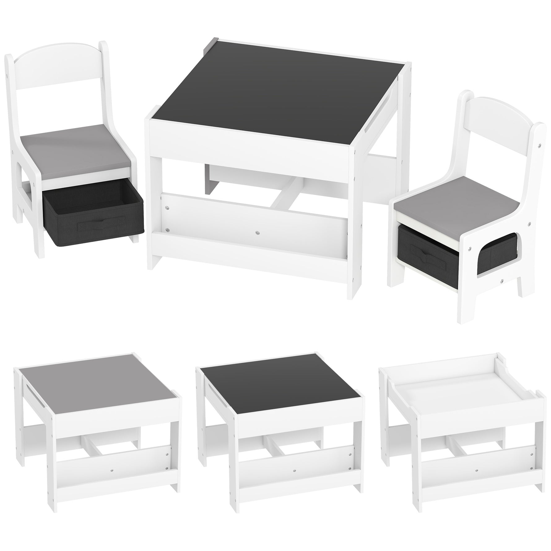 Ensemble 3 pièces table et 2 chaises pour enfant avec plateau réversible tableau noir, panier de rangement, étagères