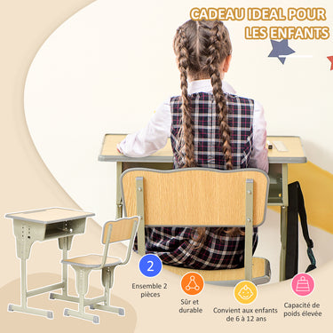 Bureau enfant Vintage style pupitre d'écolier - ensemble bureau et chaise réglable - case de rangement, bracket, range-stylos - acier kaki MDF aspect bois clair