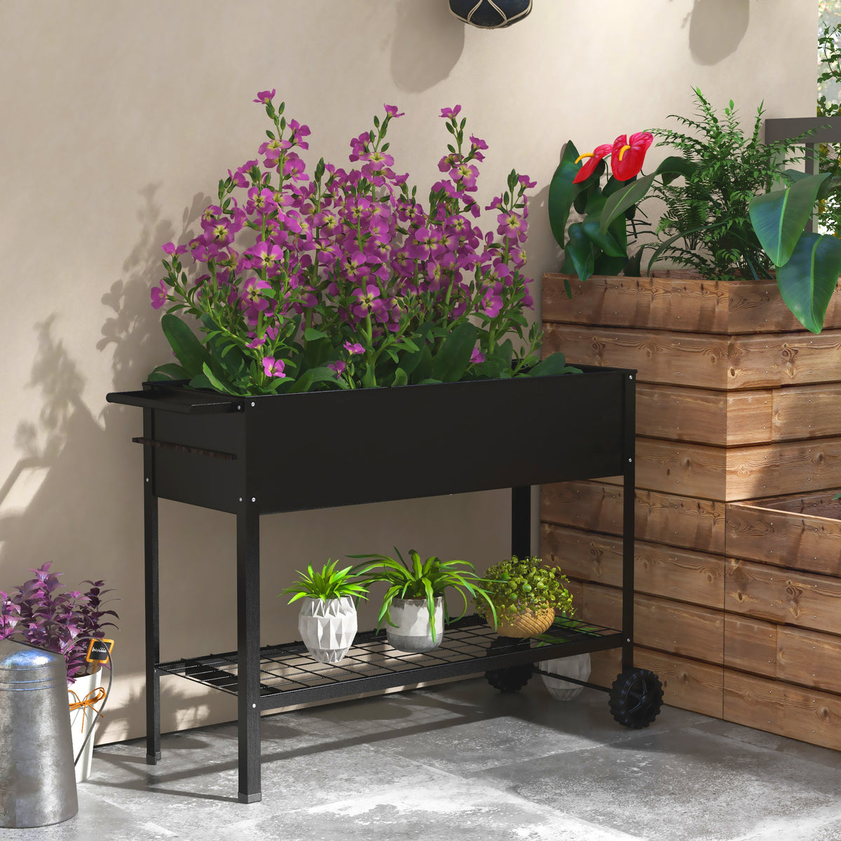Jardinière sur Pieds Potager dim. 109L x 39l x 80H cm étagère 2 Roues + Insert d'irrigation métal Noir