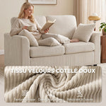 Canapé 2 Places en Velours Côtelé, Canapé de Salon 144 cm avec Assise Large Rembourrée, 2 Oreillers, Beige