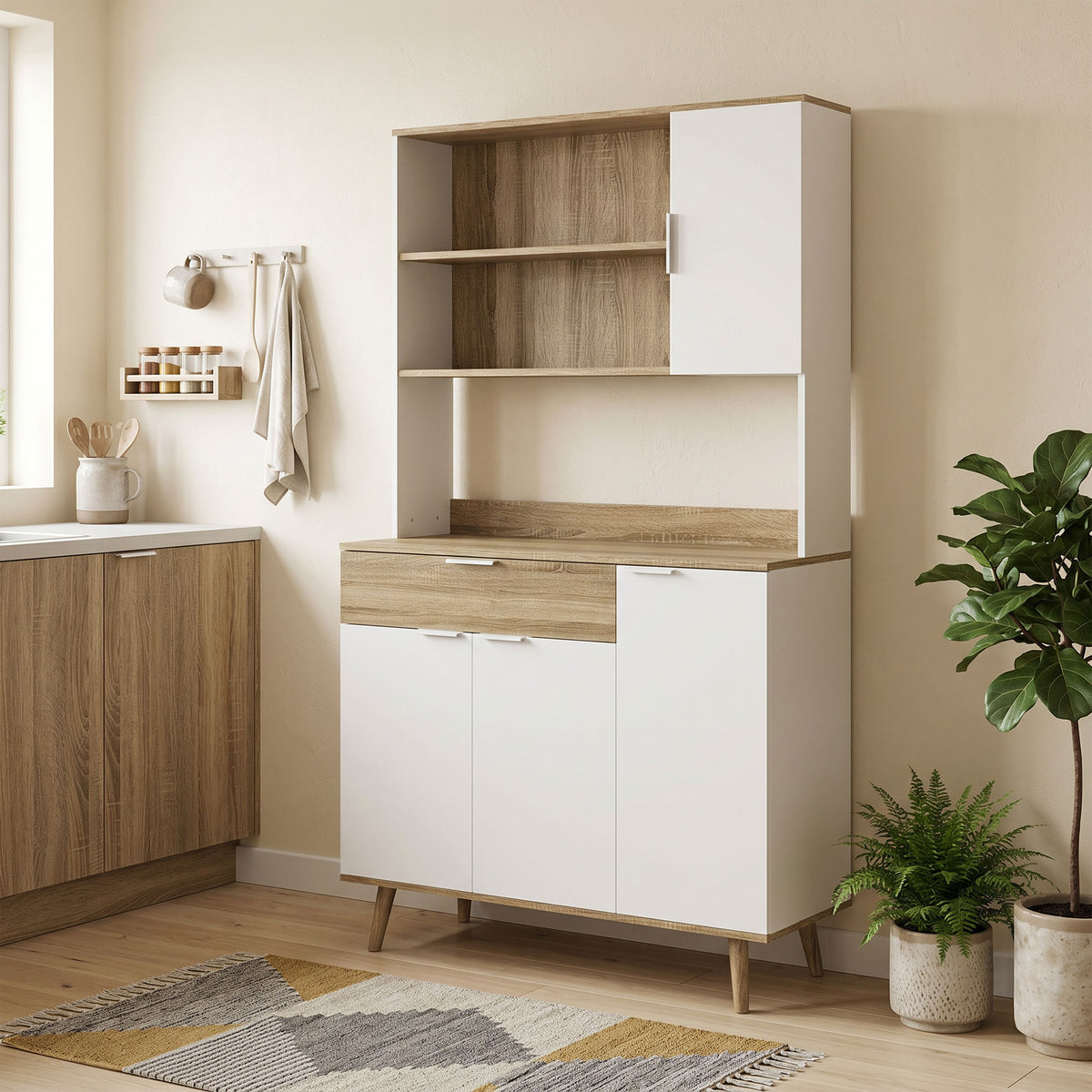 Armoire de cuisine meuble de rangement 4 portes 1 tiroir design scandinave 98 x 39 x 180 cm blanc et naturel
