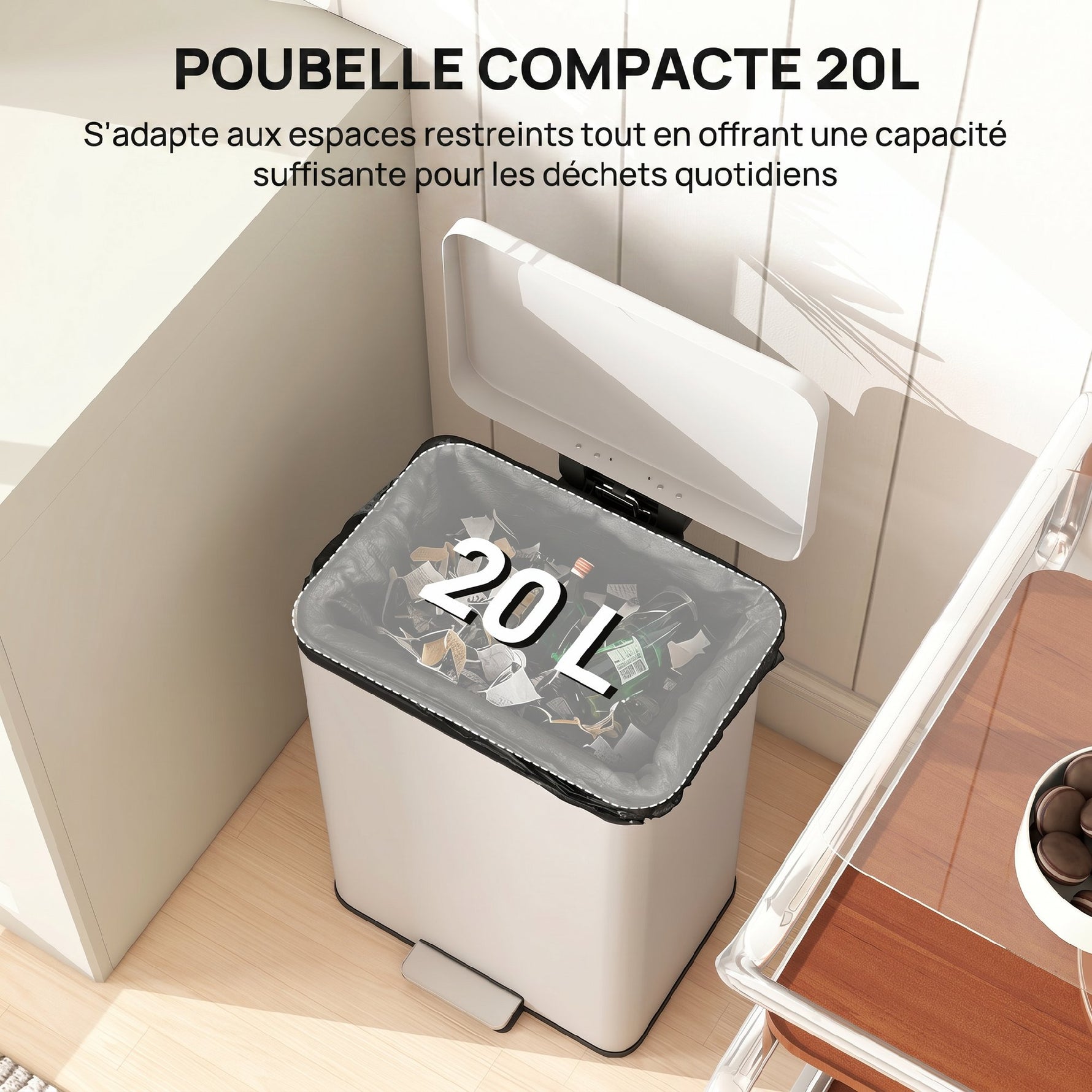 Poubelle de Cuisine 20 L en Métal, Poubelle avec Pédale, Couvercle à Fermeture Douce, Crème