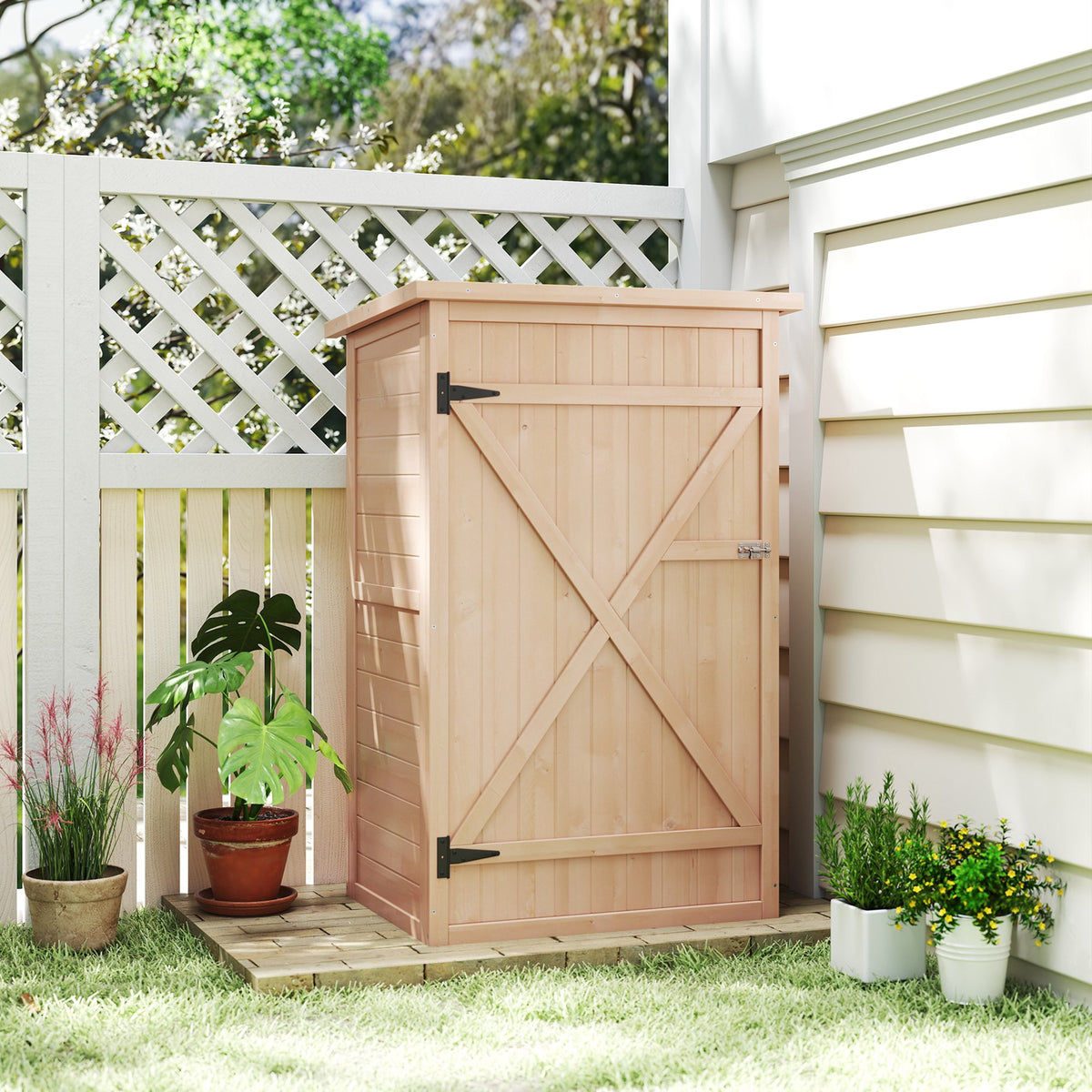 Armoire abri de Jardin Remise pour Outils Bois de Sapin pré-huilé Toit bitumé incliné - Grande Porte