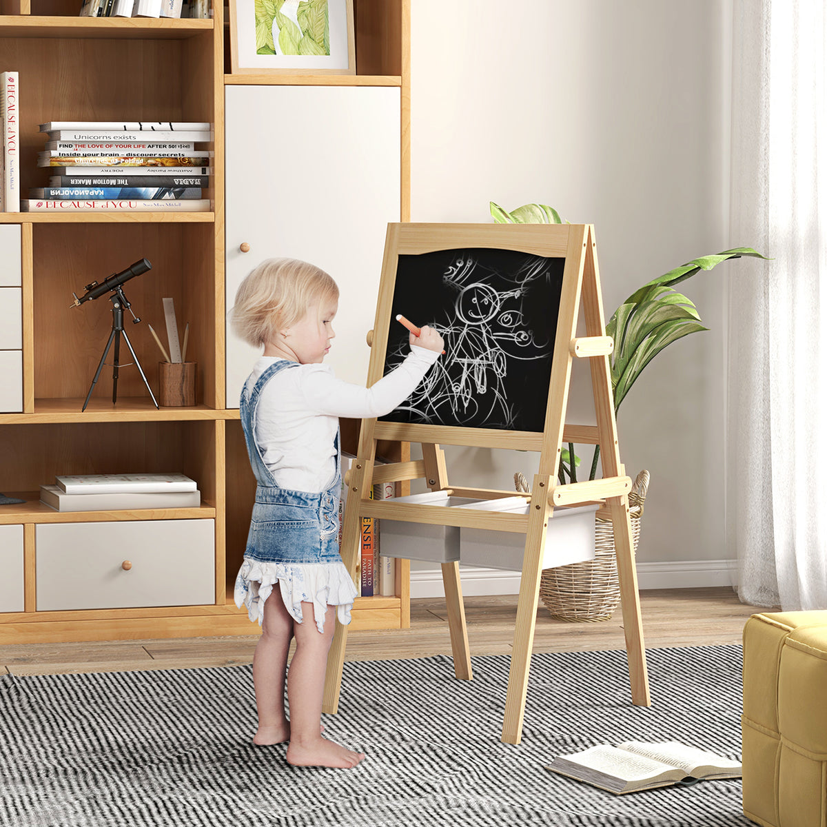 Tableau chevalet enfant ardoise double face tableau blanc tableau à craie rouleau papier 58 x 50,5 x 109 cm naturel