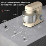 Robot pâtissier 1300 W, robot pétrin professionnel 4,5 L, bol d'acier inoxydable, 6+P vitesses et pulse, beige