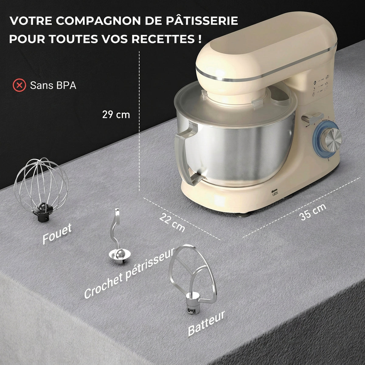 Robot pâtissier 1300 W, robot pétrin professionnel 4,5 L, bol d'acier inoxydable, 6+P vitesses et pulse, beige