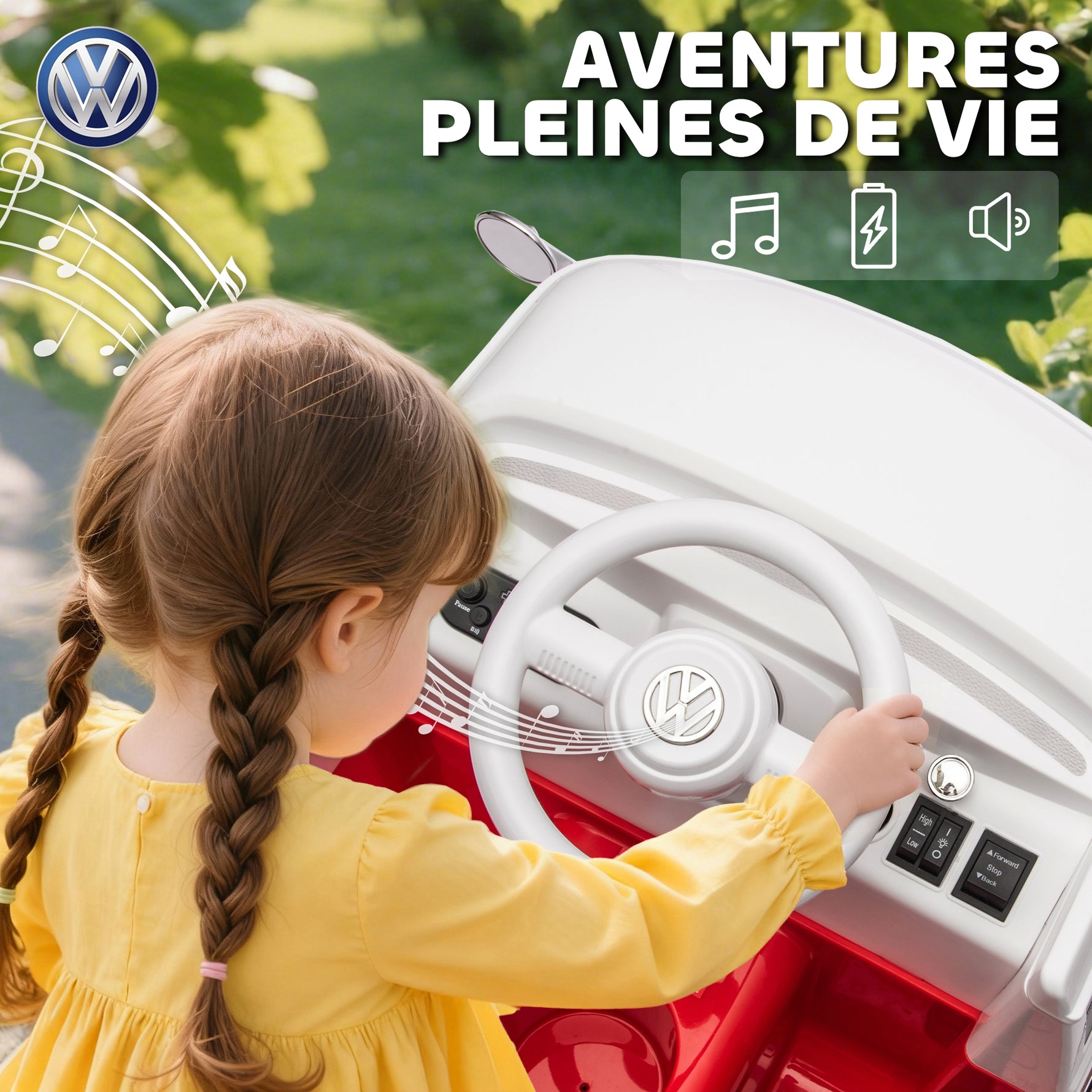 Voiture électrique enfant Volkswagen T1 sous licence officielle 12 V avec 2 moteurs démarrage doux 89x49x41,5cm rouge
