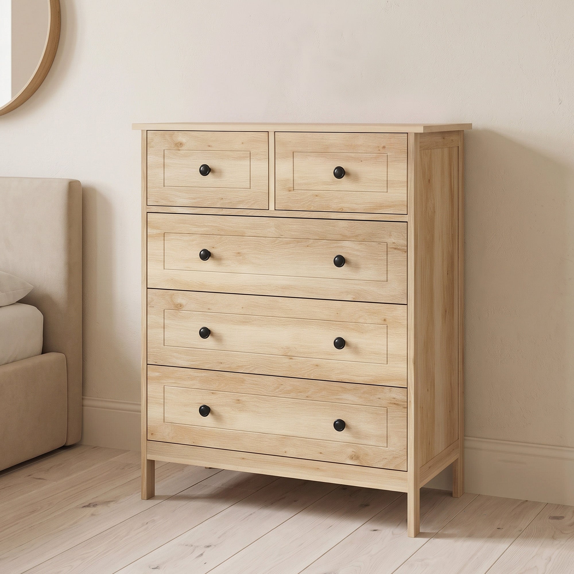 Commode meuble de rangement 5 tiroirs pour chambre, bureau, entrée, chêne et poignée métal noir