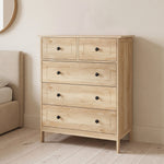 Commode meuble de rangement 5 tiroirs pour chambre, bureau, entrée, chêne et poignée métal noir