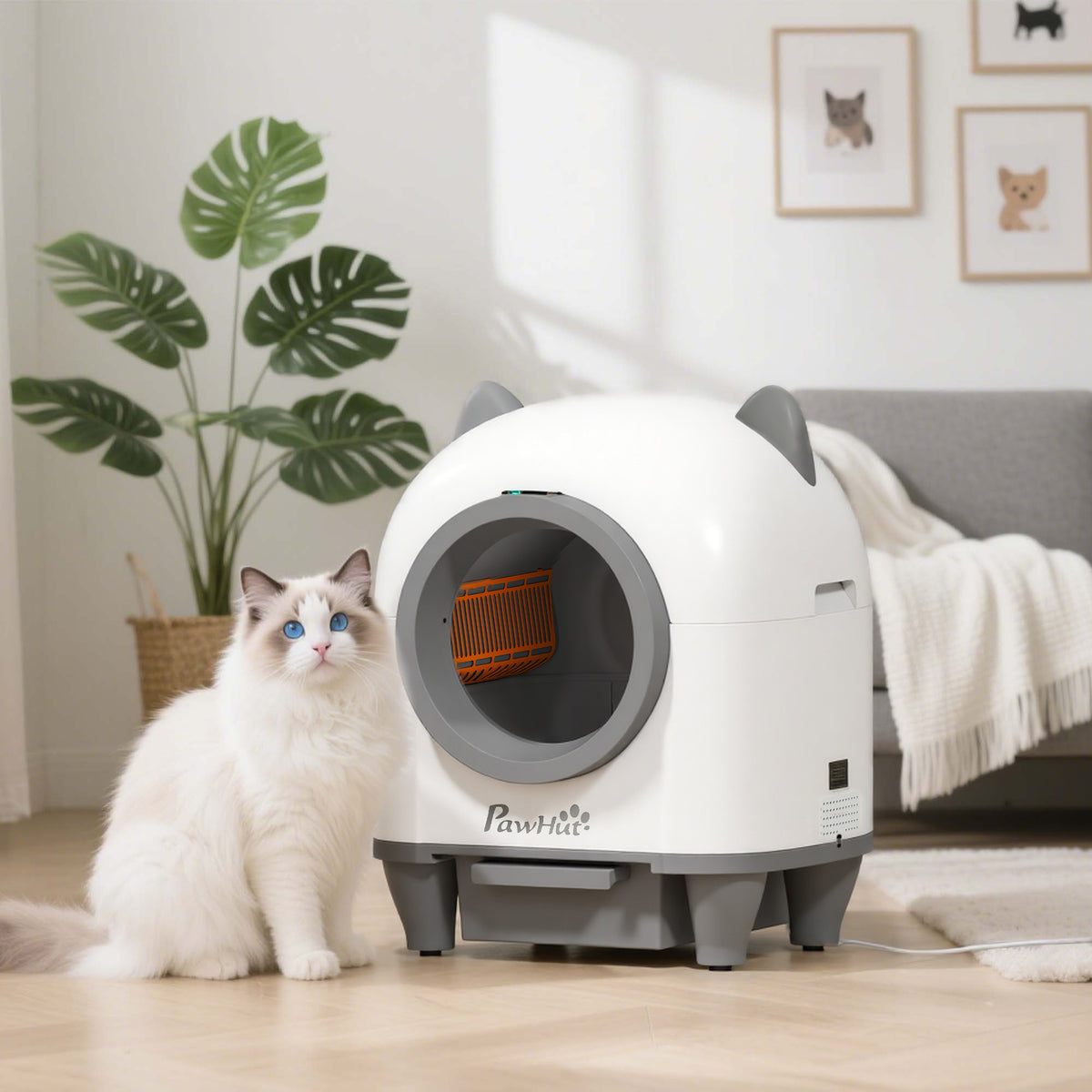 Bac à litière pour chat autonettoyant 80L, bac à litière automatique contrôle app, anti-pinch, 55,5 x 51 x 60 cm, blanc