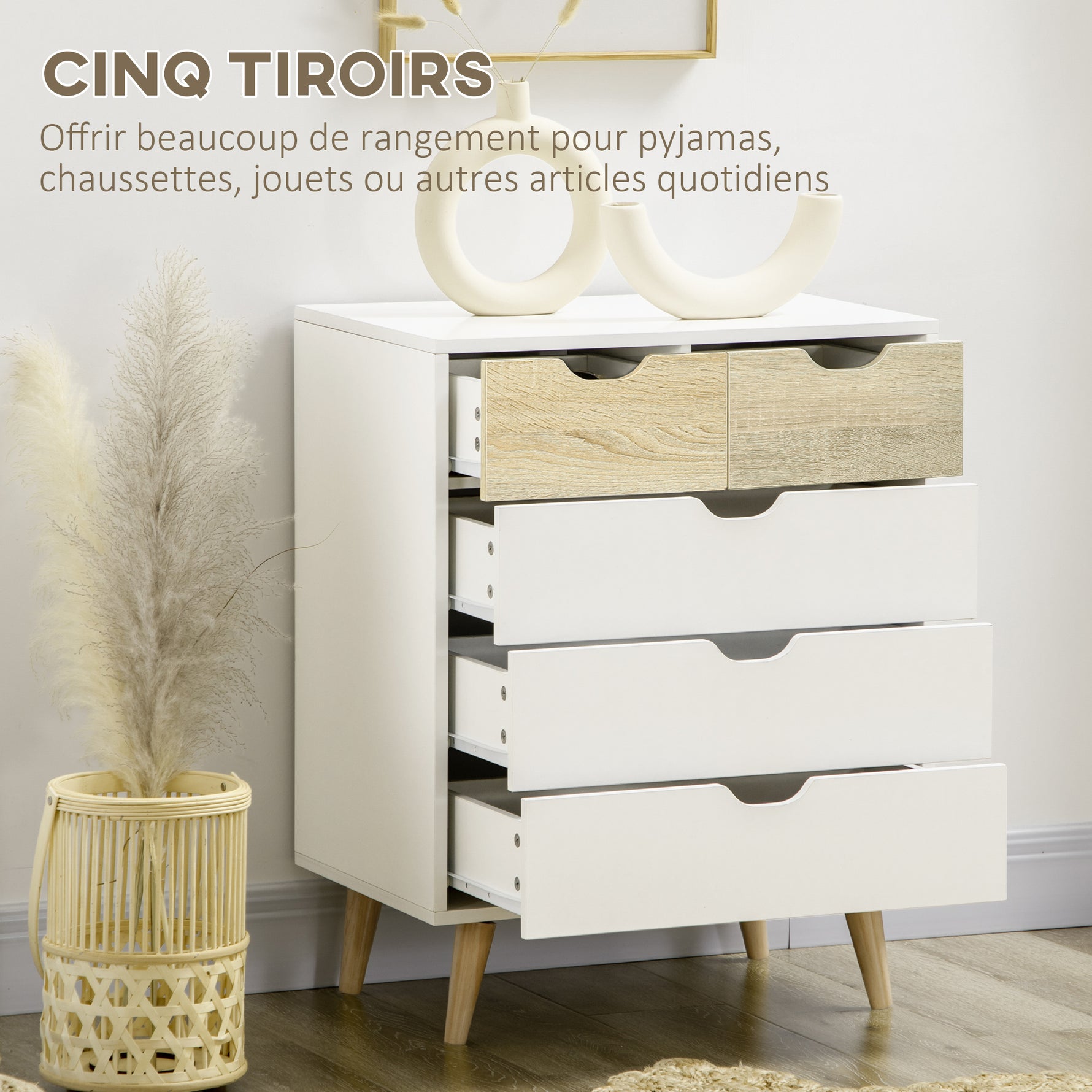 Commode 5 tiroirs meuble de rangement 4 pieds biseautés - bois, 60 x 40 x 77,5 cm, blanc