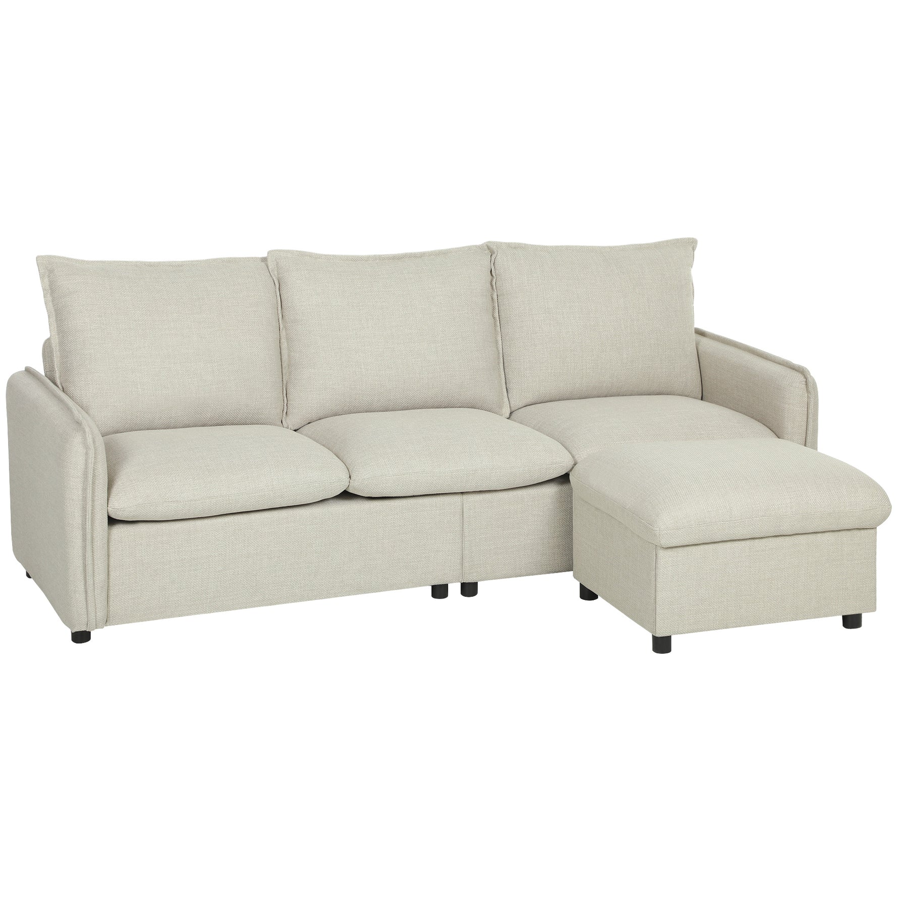 Canapé 3 places avec pouf de rangement, canapé d'angle modulable 212 cm, coussins à ressorts, tissu en lin, crème