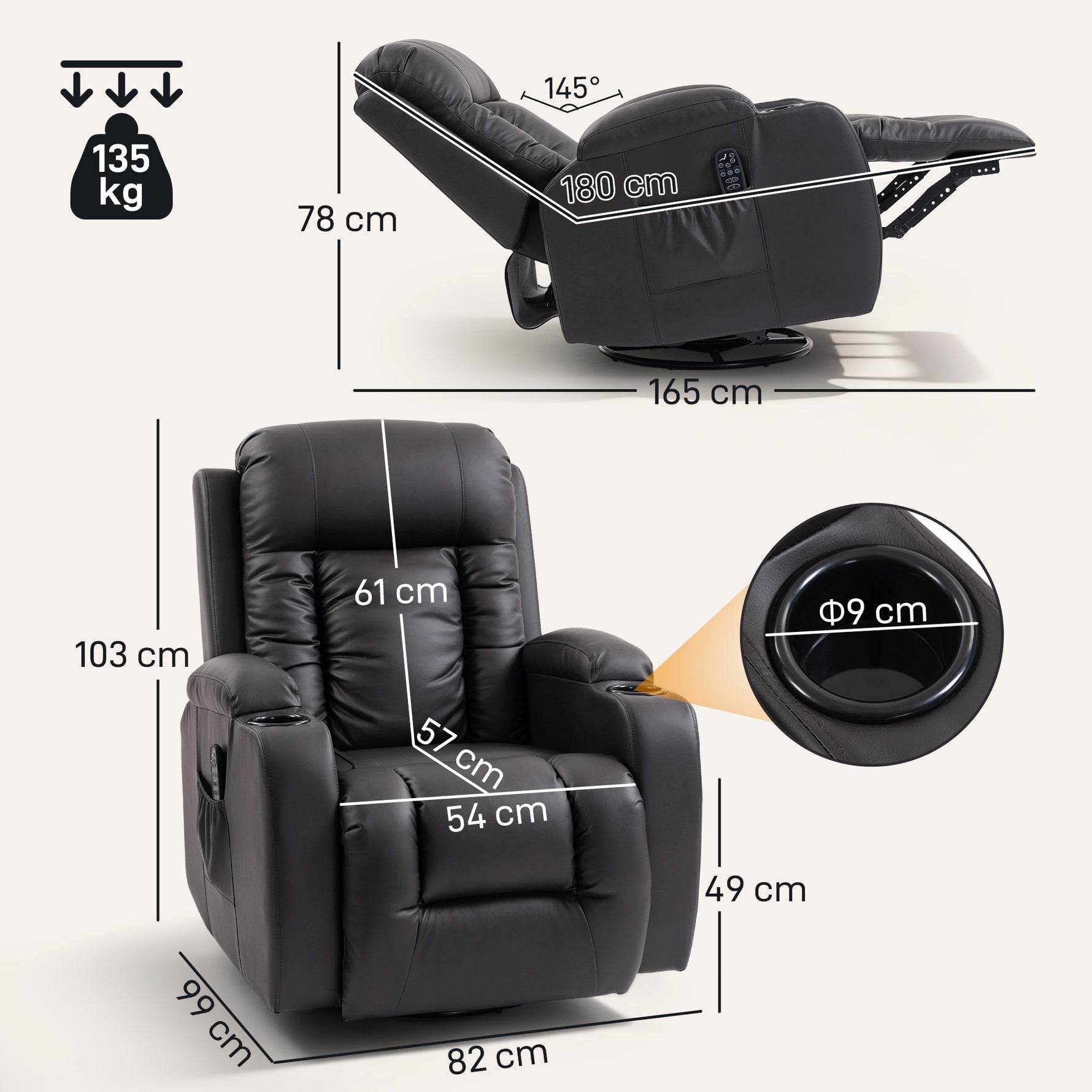 Fauteuil inclinable de massage et chauffage, fauteuil de relaxation, dossier réglable, pivotant 360°, 82x99x103cm, marron