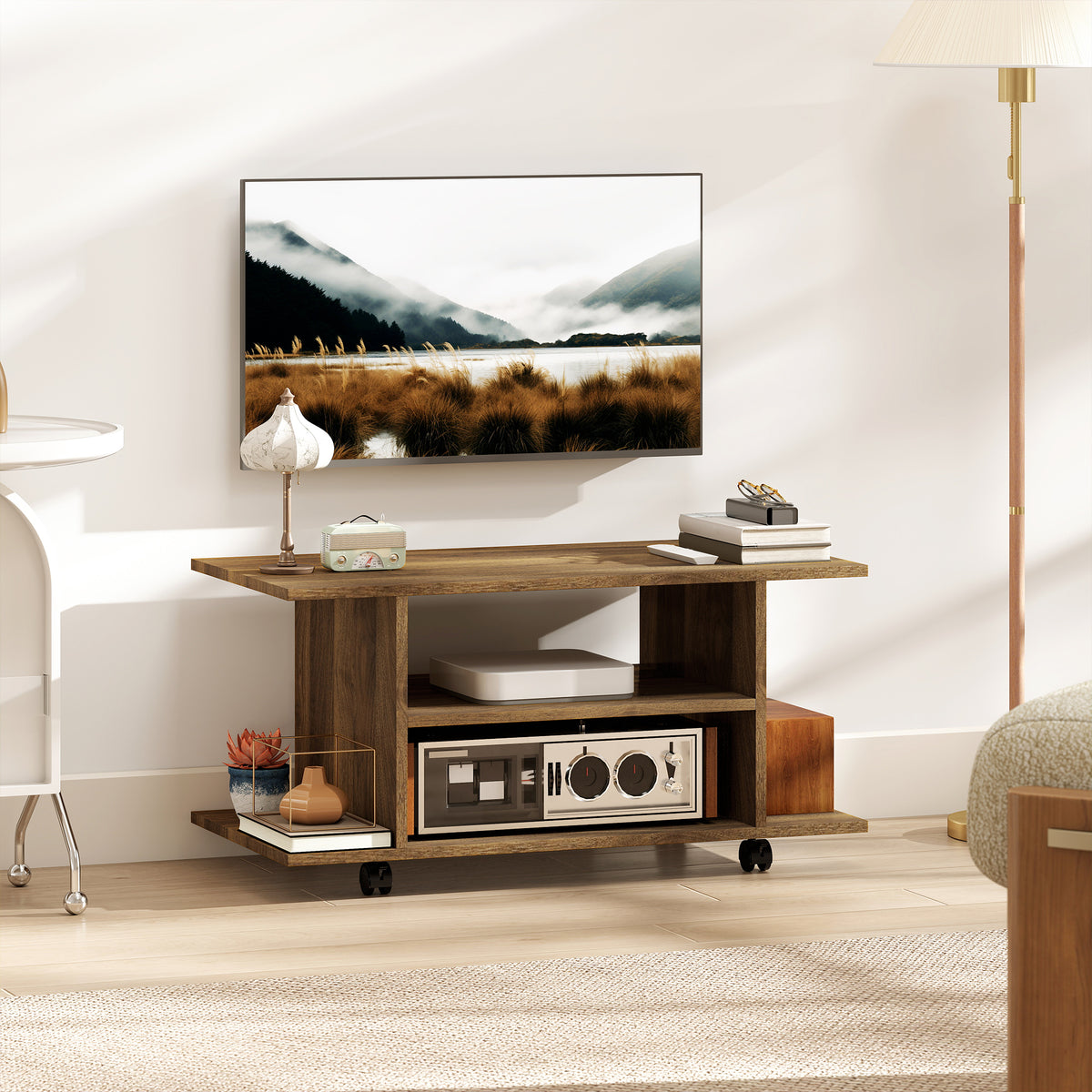 Meuble TV avec roulettes 80 cm, meuble télé pour téléviseur jusqu'à 42 pouces avec étagères ouvertes, noyer