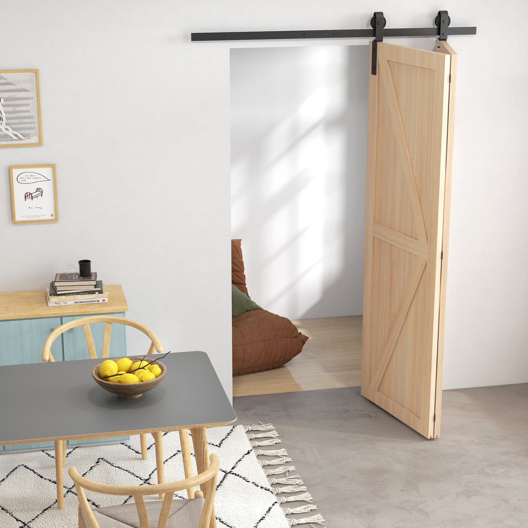 152,5 CM Quincaillerie de porte coulissante pliante kit de rails de porte de grange coulissante en acier pour 2 portes