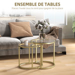 Lot de 2 tables basses tables d'appoint gigognes encastrables structure en acier et plateau verre trempé transparent or